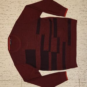 Bugatchi Burgendy & Black Block Pattern Wool Knit Pullover Crewneck Sweater